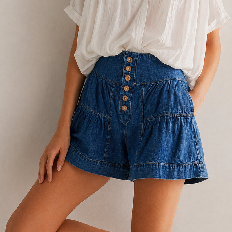 Pantaloncini donna estivi a vita alta con volant, mostrano vestibilità fluida e schiena per un comfort casual.