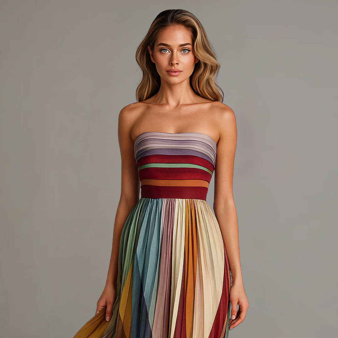 Vestito da sera donna estivo, lungo e plissettato multicolore, perfetto per eventi eleganti e un look senza spalline.