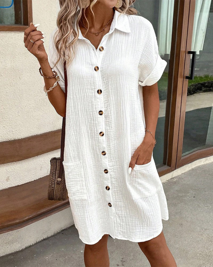 Abito camicia da donna a maniche lunghe, con bottoni, elegante e versatile per la moda primavera e autunno.