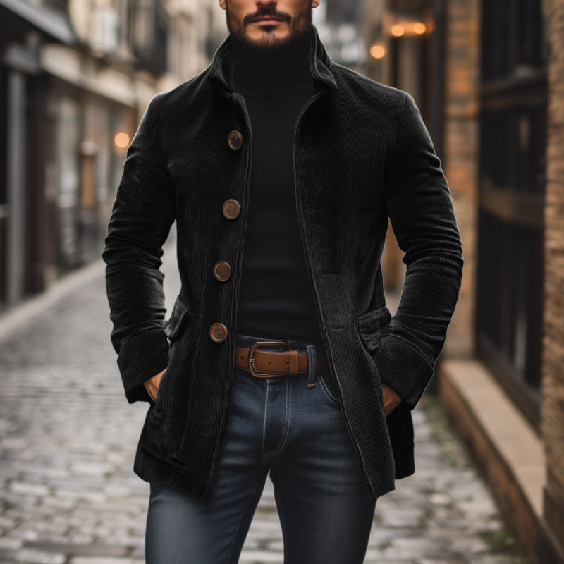 Abbigliamento maschile: cappotto uomo autunnale con bottoni e collo coreana. Ideale per l'outerwear elegante.