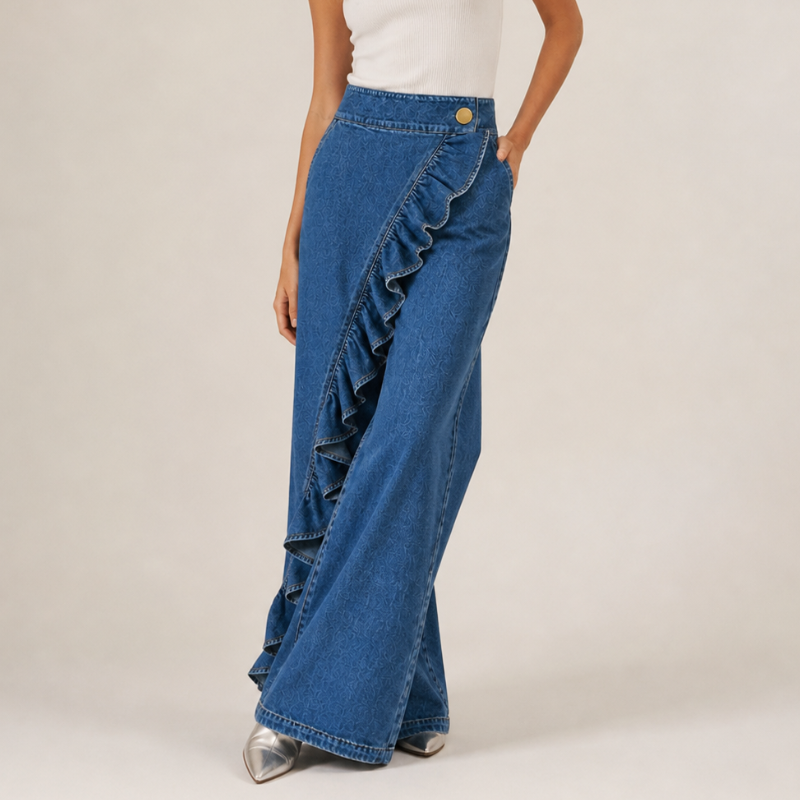 Moda donna: pantaloni gonna neri a vita alta con volant e gamba larga. Abbigliamento versatile ed elegante.