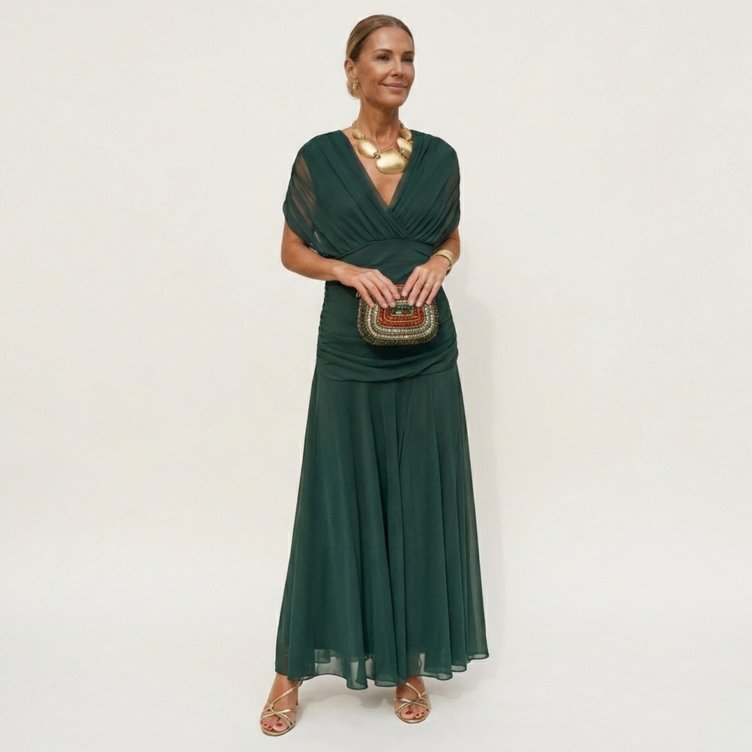 Abito lungo elegante da donna con scollo drappeggiato in chiffon, perfetto per sera e cerimonia.
