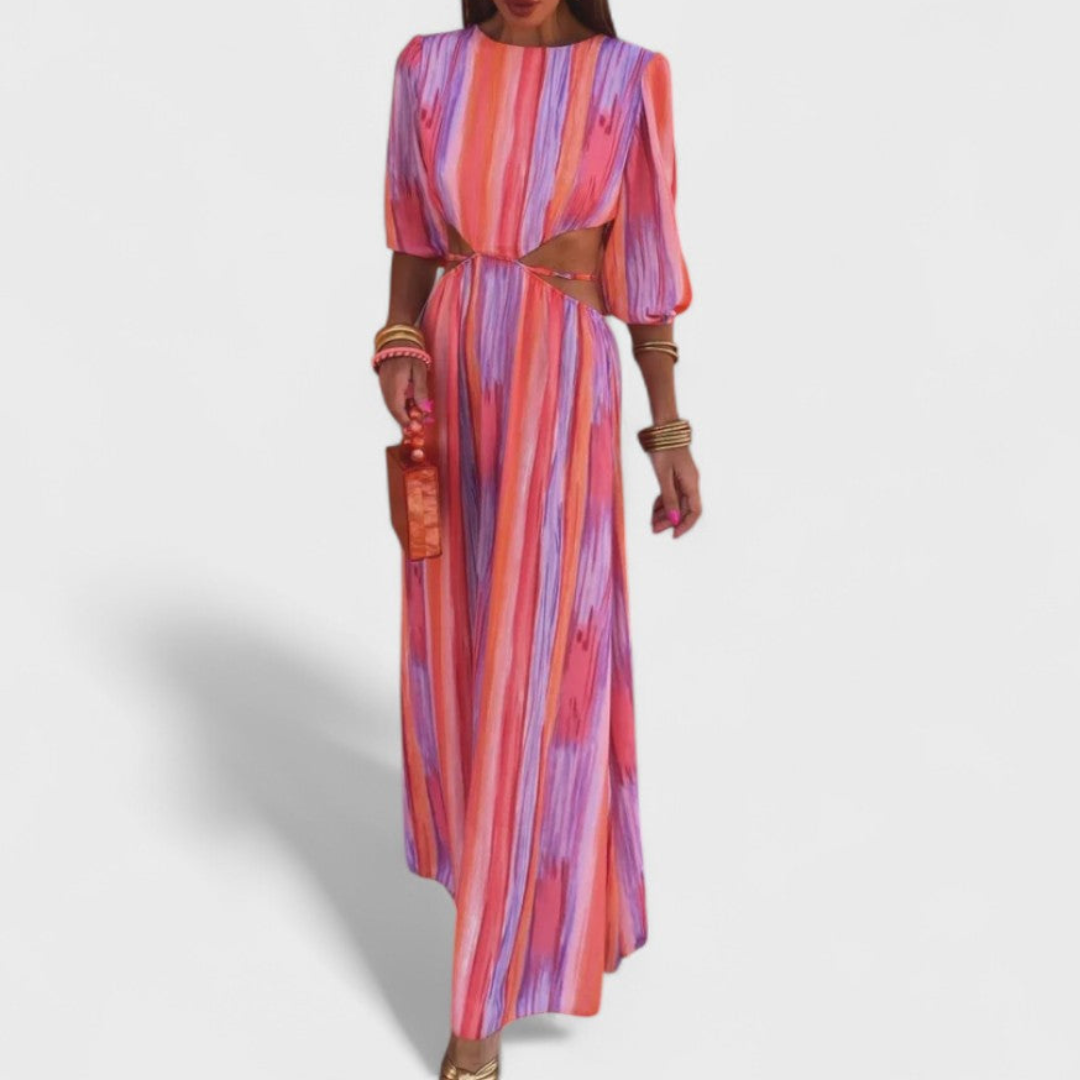 Abito maxi donna elegante look fluido, perfetto per serate estive, vacanze. Stile femminile e comodo per la moda estiva.