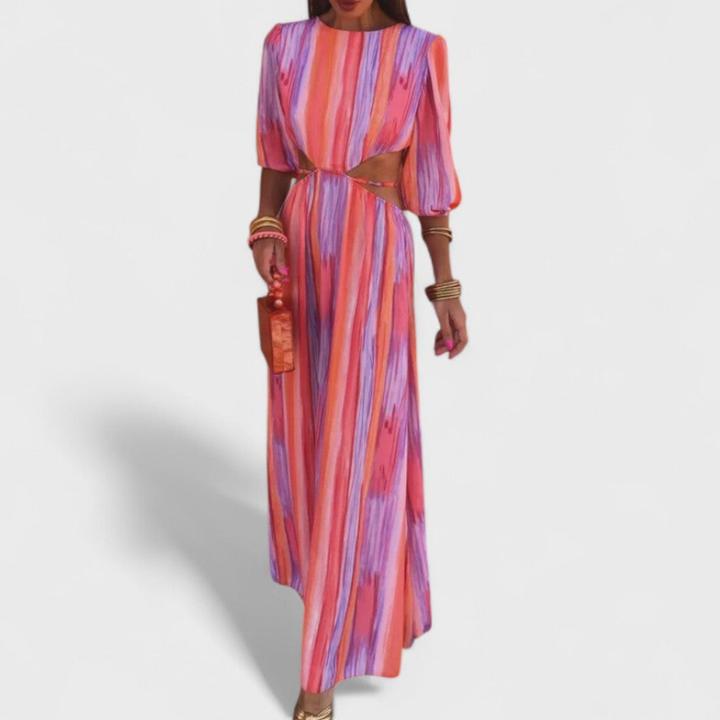 Abito maxi donna elegante look fluido, perfetto per serate estive, vacanze. Stile femminile e comodo per la moda estiva.