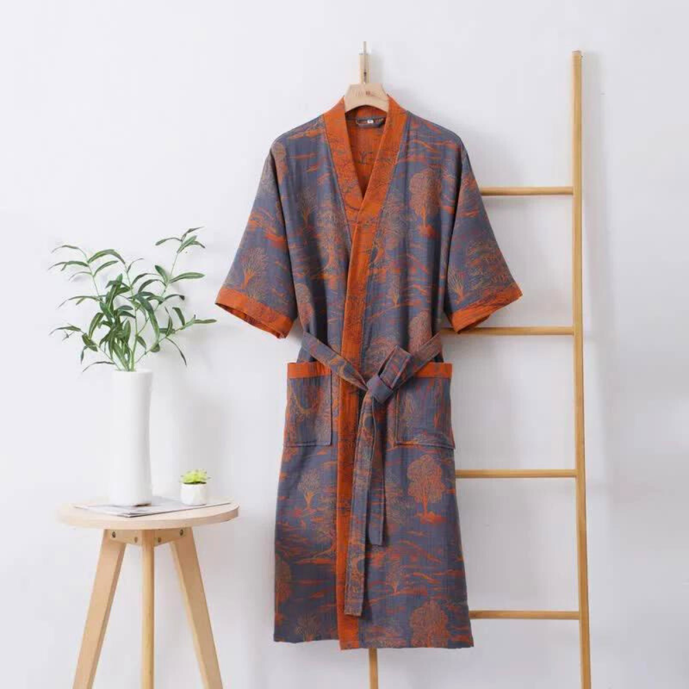 Kimono unisex da casa in garza di cotone, leggero e traspirante, ideale come vestaglia o accappatoio.