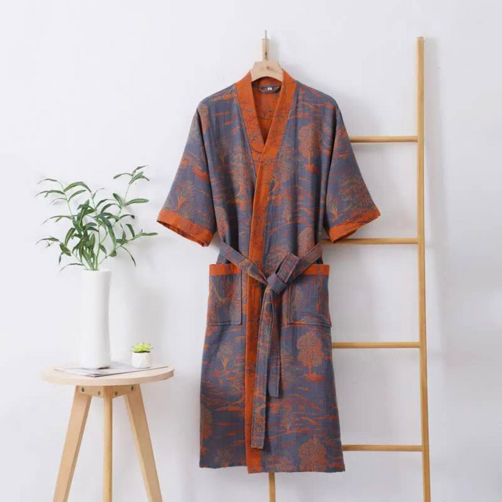 Kimono unisex da casa in garza di cotone, leggero e traspirante, ideale come vestaglia o accappatoio.
