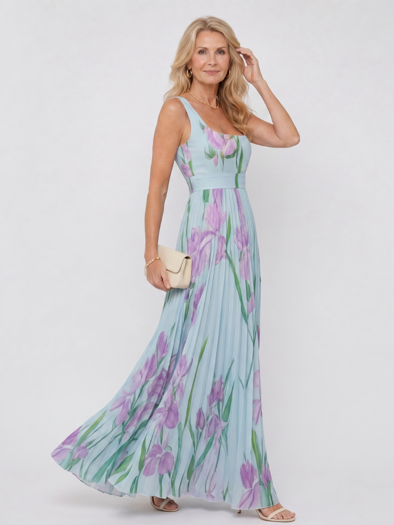 Abito da donna midi con scollo quadrato, design plissettato. Perfetto per la primavera e l'estate, chic ed elegante.