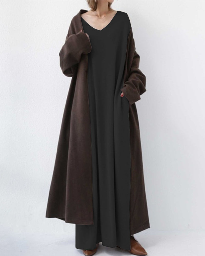 Maxi abito casual da donna in cotone. Vestito lungo a maniche lunghe con vestibilità ampia per relax quotidiano.