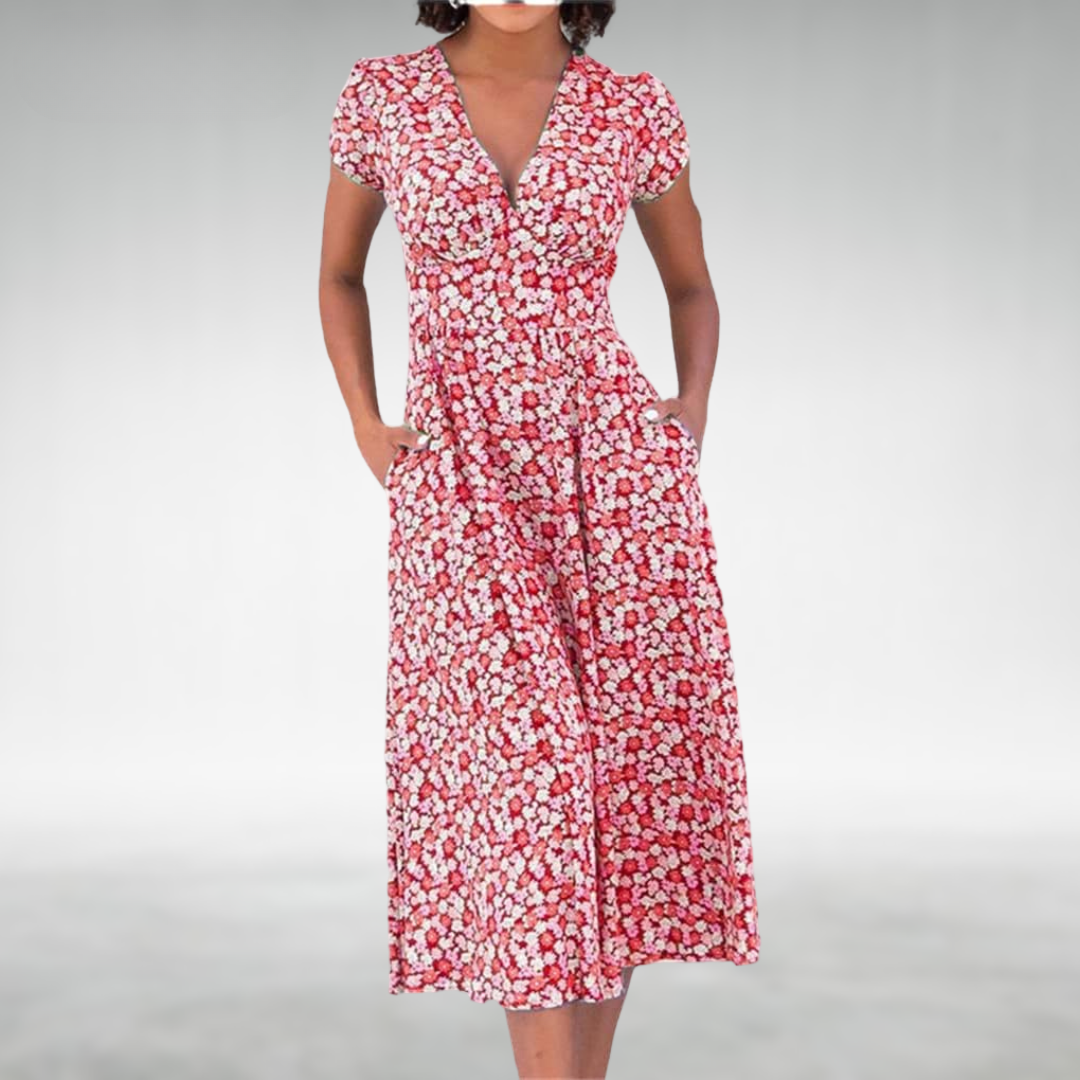 Abito estivo da donna scollo V, leggero e confortevole. Perfetto per un outfit casual moda mare o vacanza.