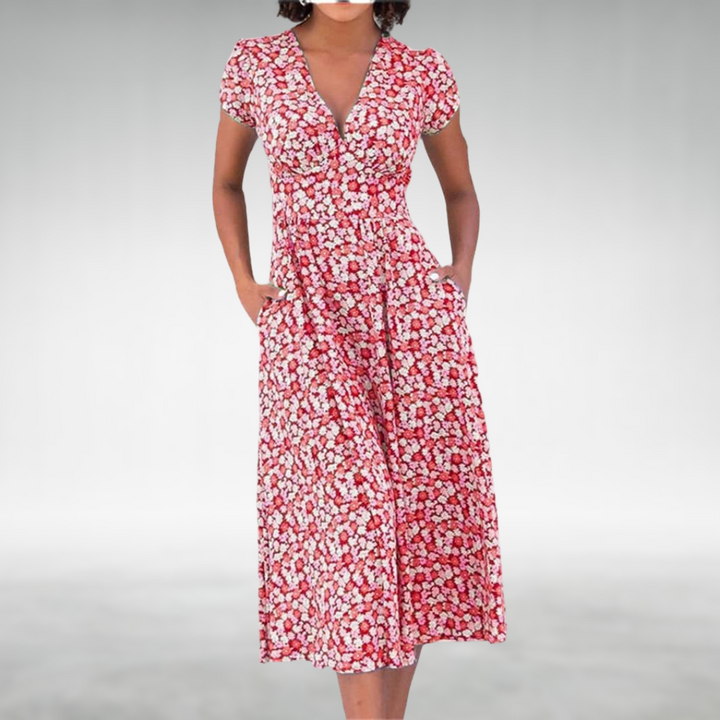 Abito estivo da donna scollo V, leggero e confortevole. Perfetto per un outfit casual moda mare o vacanza.