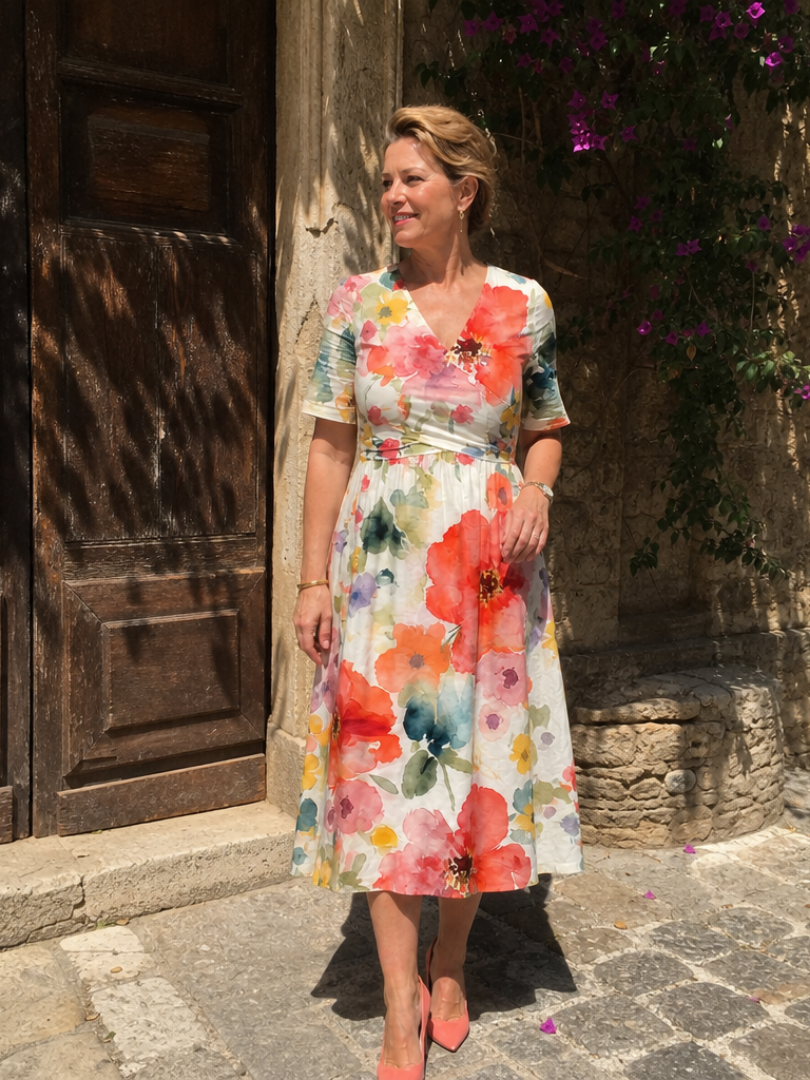 Abito estivo midi da donna, con motivo floreale e scollo a V. Maniche corte e tessuto leggero per stile e comfort.