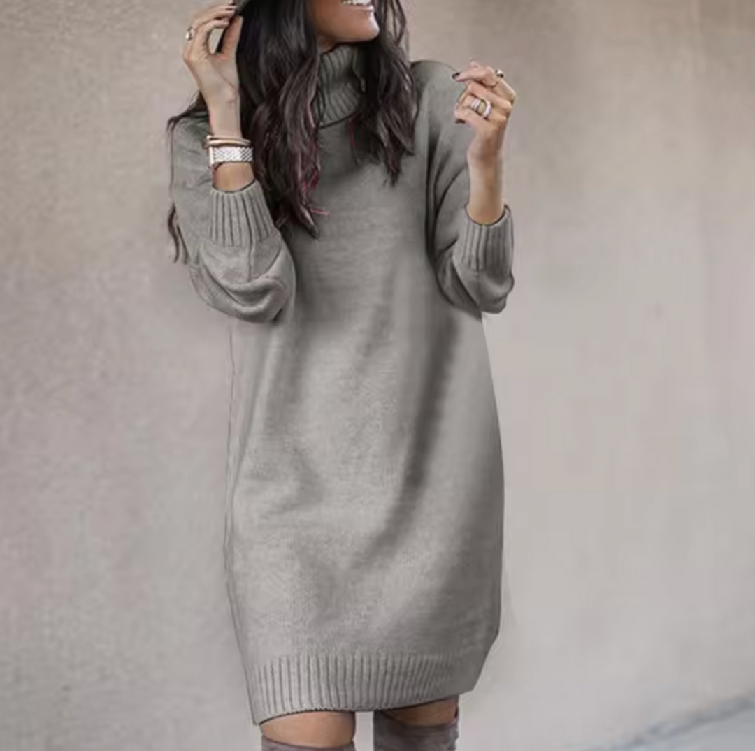 Moda autunno/inverno: Abito maglione dolcevita donna a maniche lunghe, vestito comodo ed elegante.