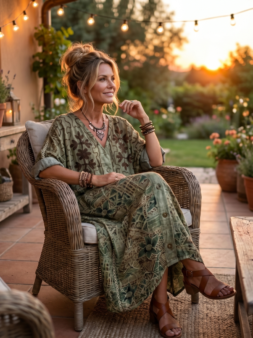 Abito midi donna verde con stampa floreale e bottoni. Vestito comodo e versatile, perfetto per il giorno e la sera.