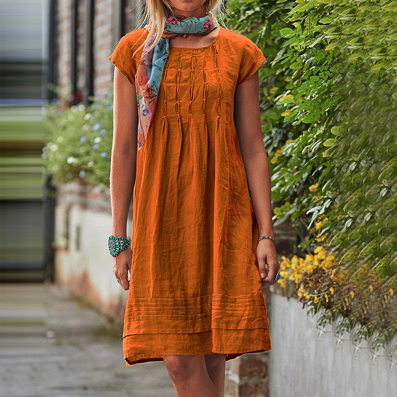 Vestito estivo ampio da donna, scollo a V, maniche corte, abito midi confortevole e leggero per la moda estiva.