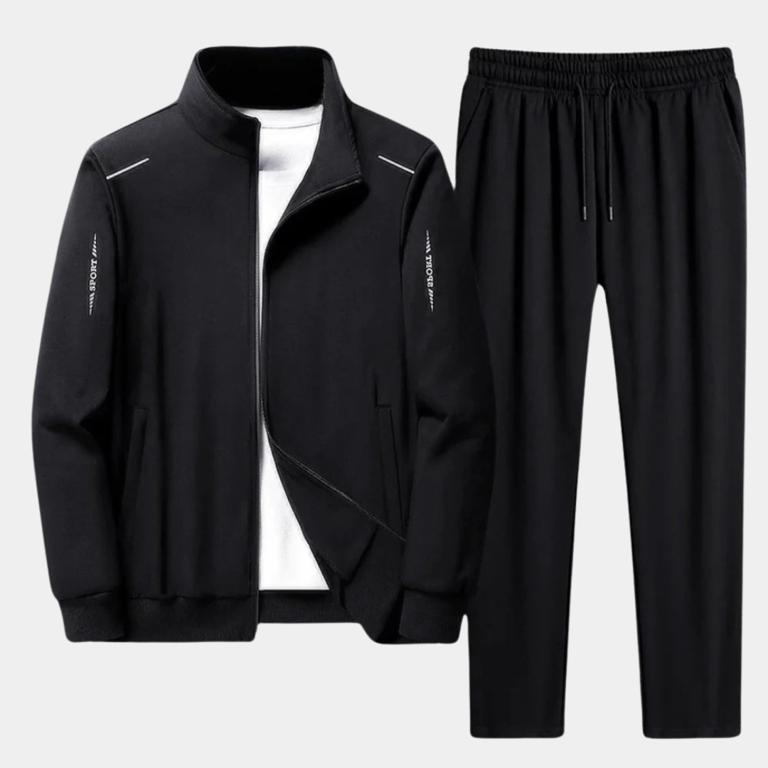 Giacca con zip e pantaloni jogger neri per tuta uomo sportiva, ideale per fitness, sport e tempo libero.