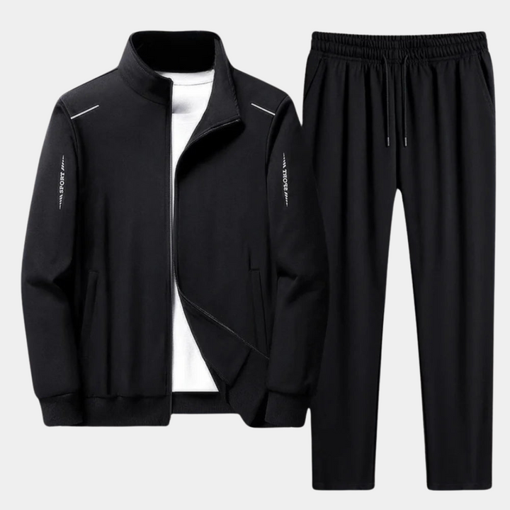 Giacca con zip e pantaloni jogger neri per tuta uomo sportiva, ideale per fitness, sport e tempo libero.