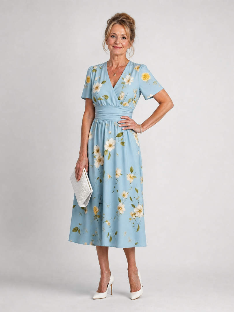 Midi abito estivo floreale da donna con scollo a V, taglio fluido e casual, perfetto per le vacanze.