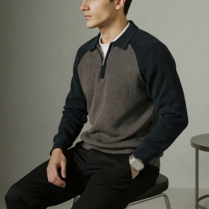 Maglione uomo casual-business, mezza zip, colletto polo. Comfort e stile per l'uomo moderno.