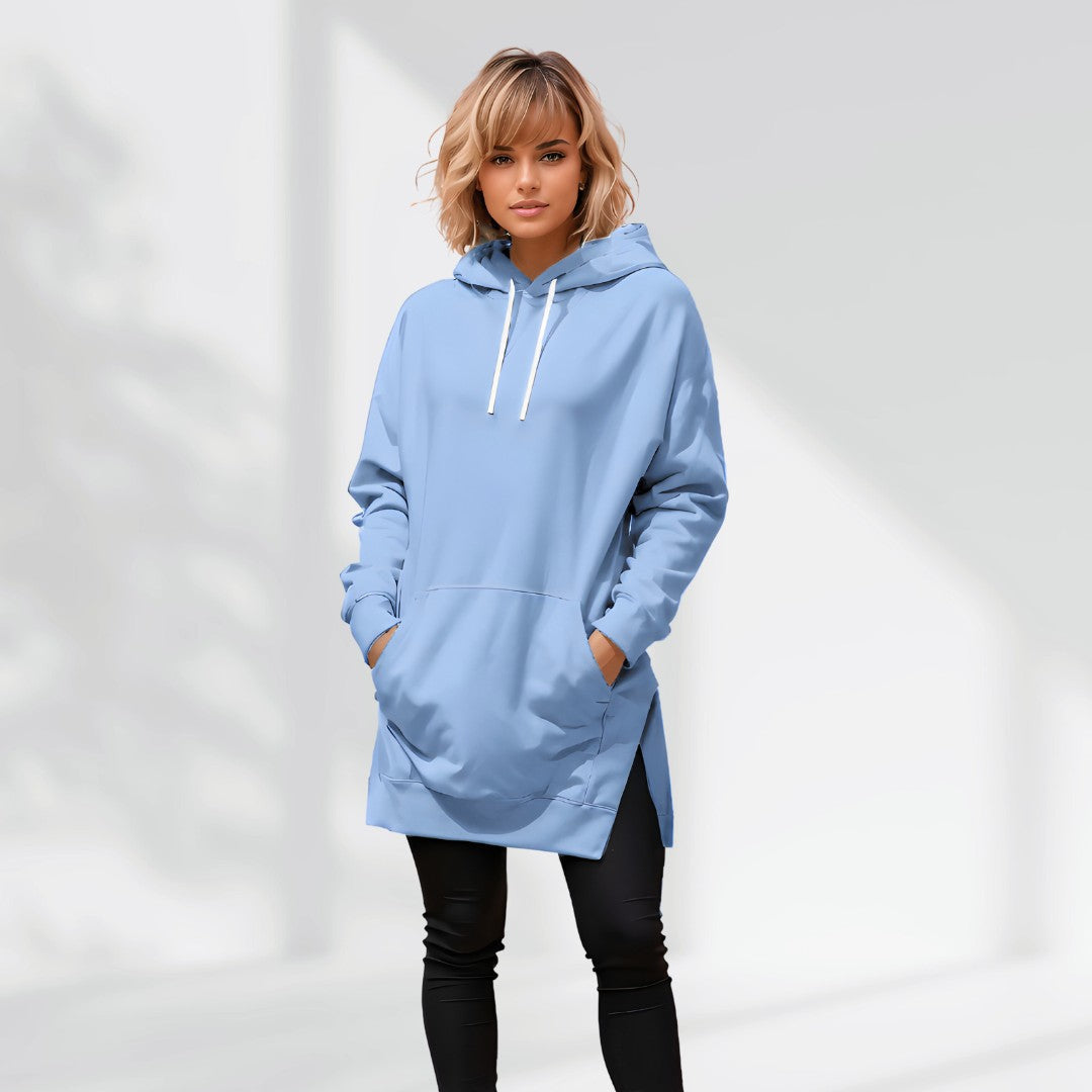 Abito felpa con cappuccio donna, caldo e perfetto per l'autunno. Vestito oversize comodo.