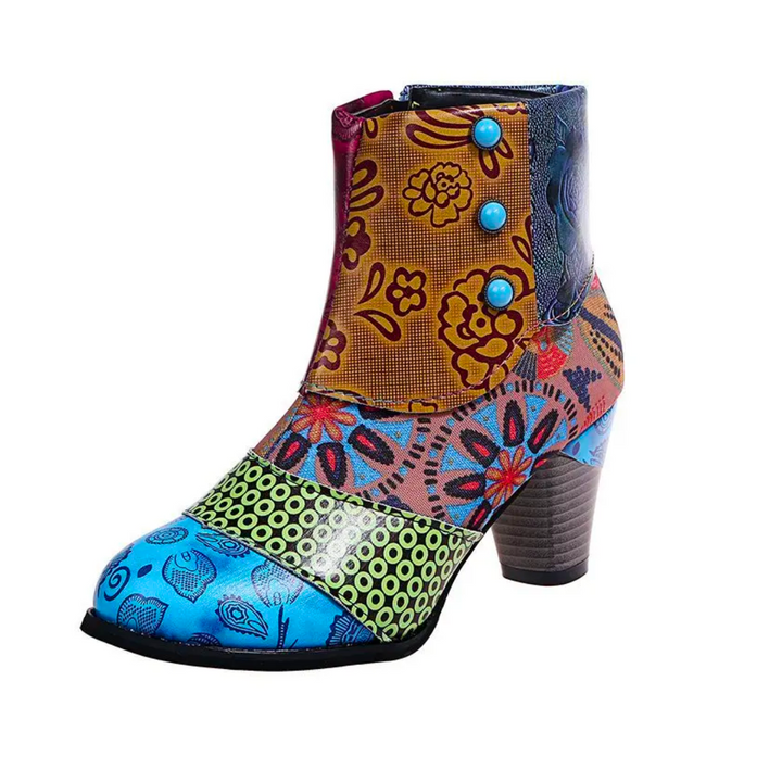 Stivali donna floreali boho con zip e tacco stabile, offrono comfort ed eleganza per l'autunno-inverno.
