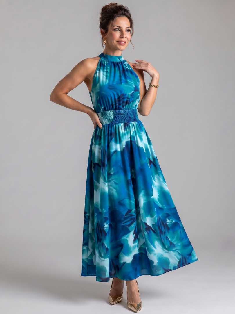 Abito midi donna elegante con stampa astratta e vita arricciata, vestito fluido per moda estiva.