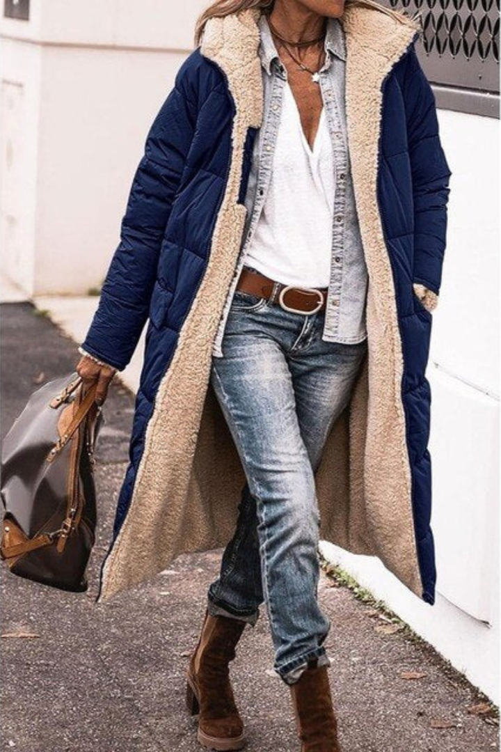 Cappotto elegante donna invernale, reversibile e lungo. Giacca outerwear calda per le giornate fredde.