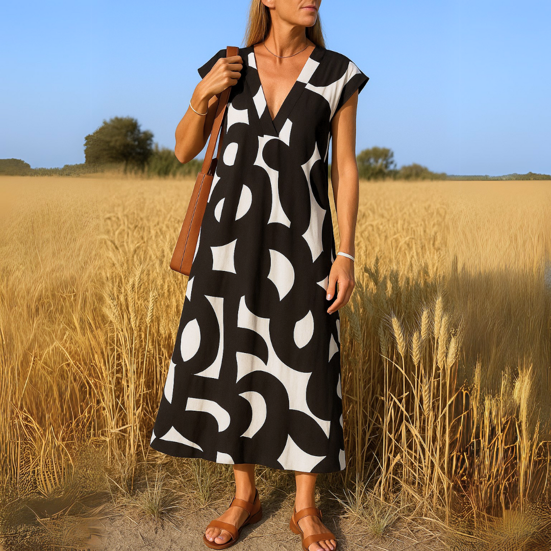 Abito midi donna con stampa geometrica e scollo a V, ideale per un look elegante estivo.