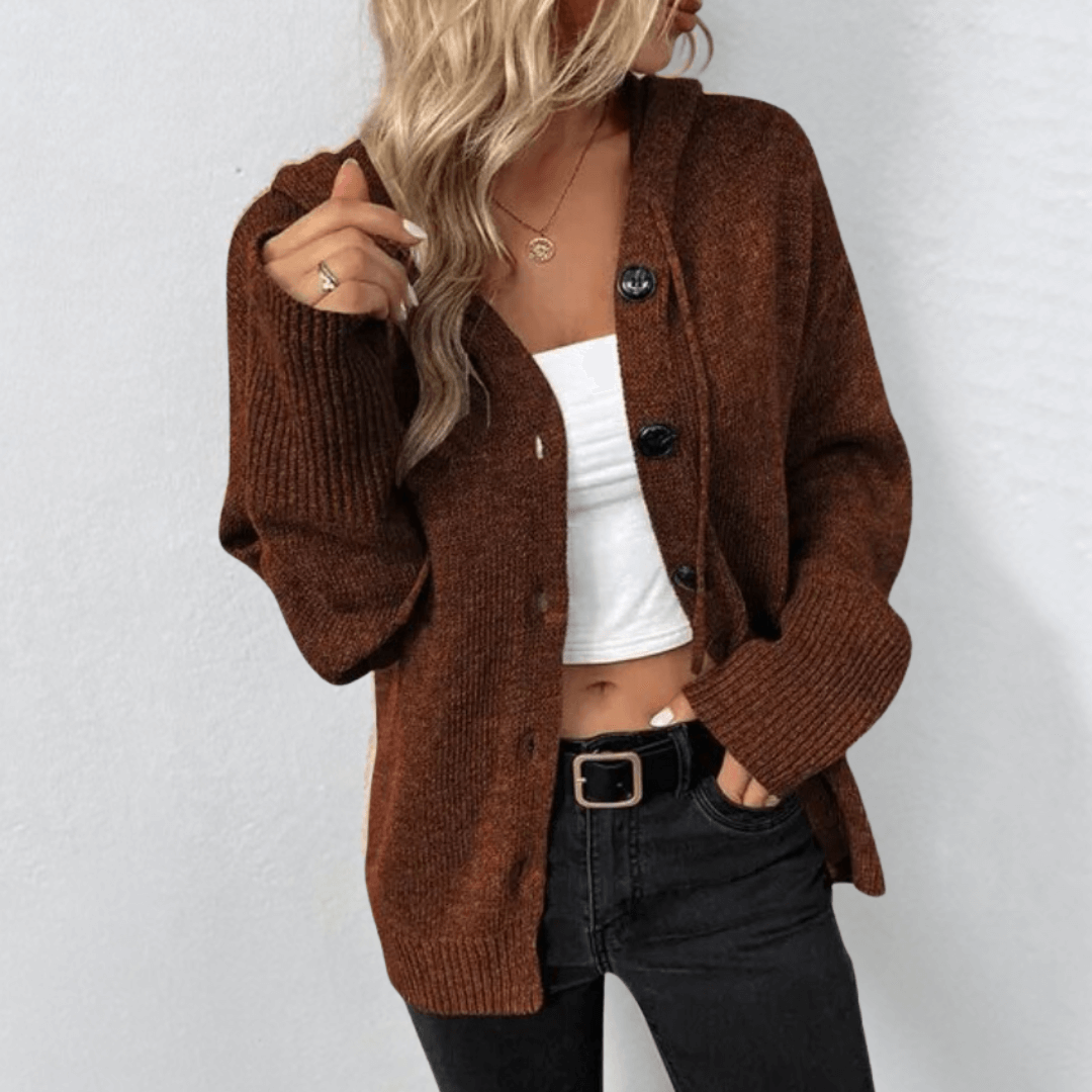 Cardigan donna confortevole con cappuccio, design casual e maniche lunghe. Ideale per l'abbigliamento quotidiano.