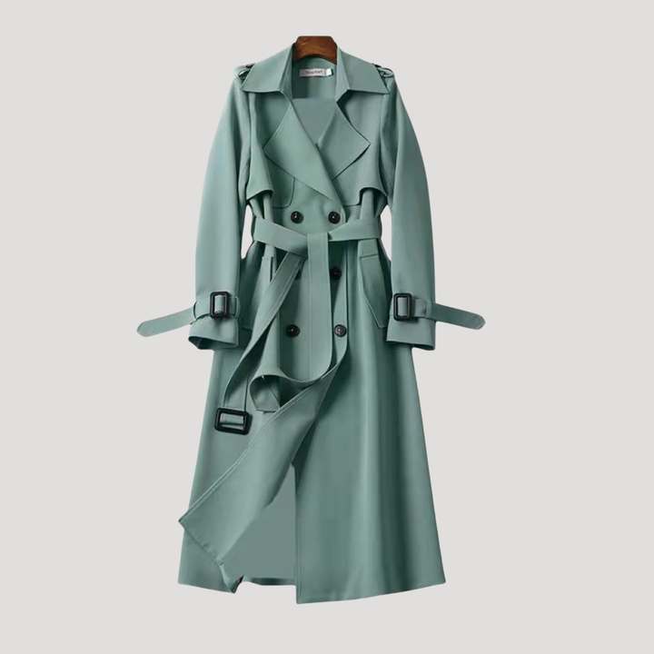 Trench donna classico con cintura regolabile, doppiopetto, capospalla per mezza stagione, stile ufficio o casual.