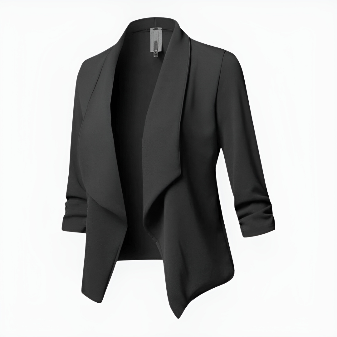 Blazer nero donna elegante, giacca sartoriale con manica lunga. Ideale per un look sofisticato e professionale in ufficio.