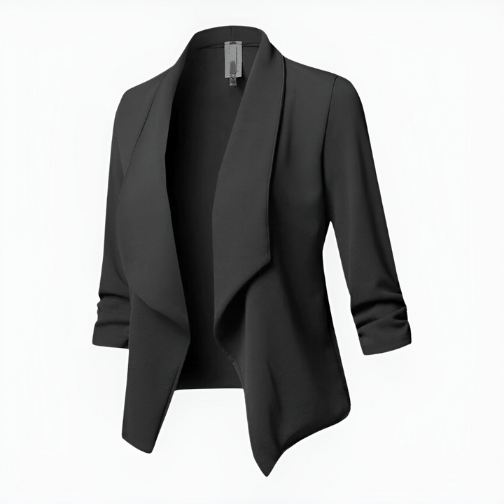 Blazer nero donna elegante, giacca sartoriale con manica lunga. Ideale per un look sofisticato e professionale in ufficio.