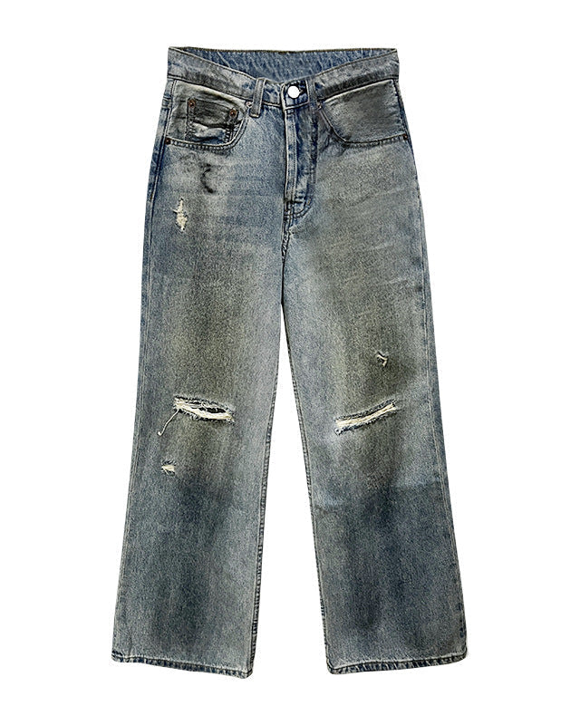 Jeans strappati da donna blu chiaro a gamba dritta, stile retrò, per un look casual e alla moda. Vestibilità comoda.