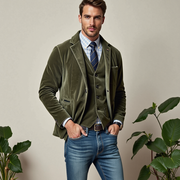 Completo blazer e gilet uomo sartoriale vintage, ideale per look eleganti e casual chic. Moda maschile.