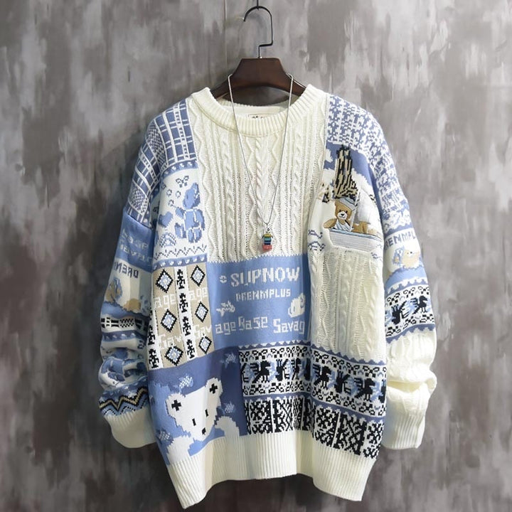 Maglione uomo pullover girocollo blu con maniche lunghe, ideale per outfit casual ed eleganti invernali.