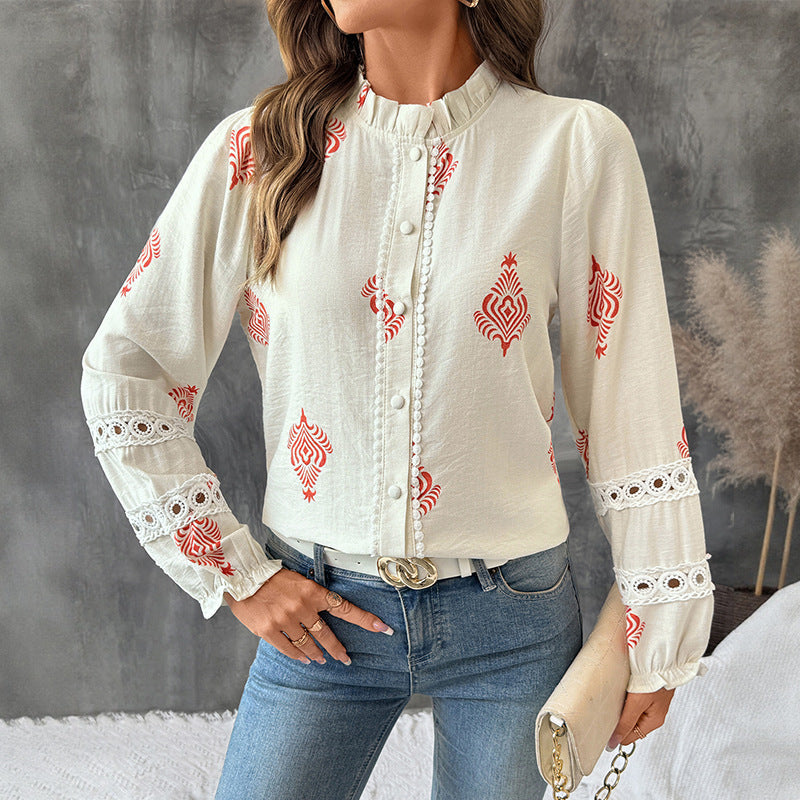 Camicia donna a manica lunga beige rosato con stampa etnica. Perfetta per un look casual chic primavera estate.
