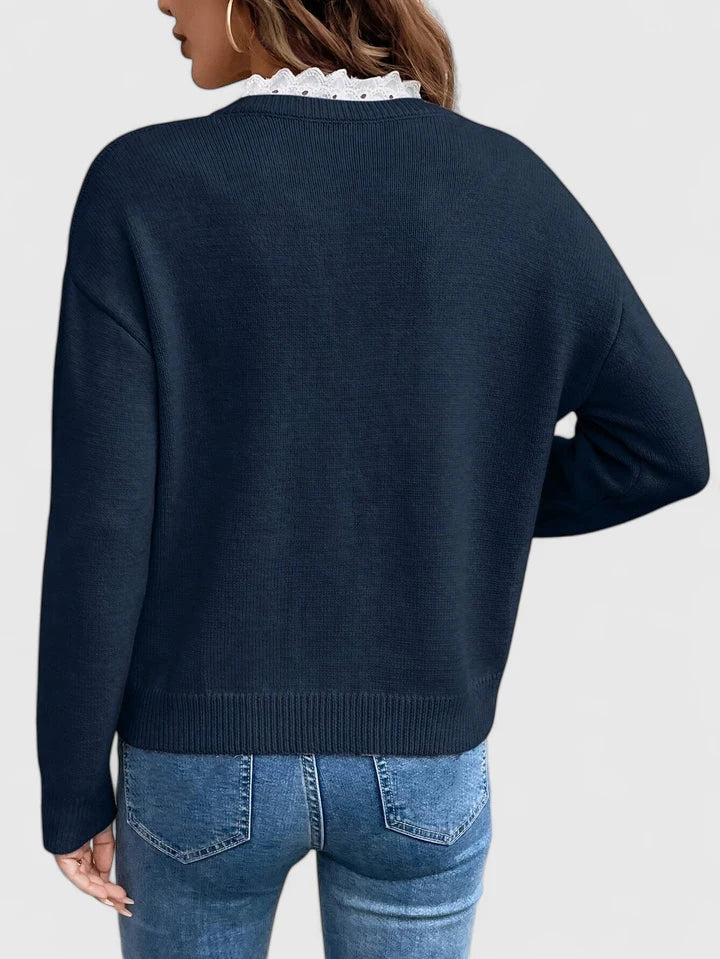 Pull donna a maniche lunghe, scollo a V. Ideale per moda autunnale e invernale, comodo e caldo, un capo essenziale.