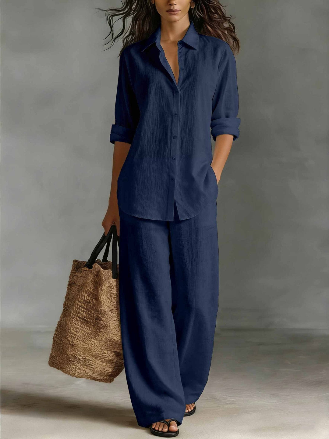 Set donna confortevole due pezzi casual: top morbido a maniche lunghe e pantaloni dritti per ogni giorno.