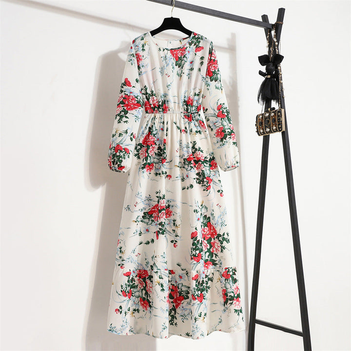 Abito lungo floreale donna, vestito versatile, scollo rotondo, moda primaverile estiva, elegante casual.