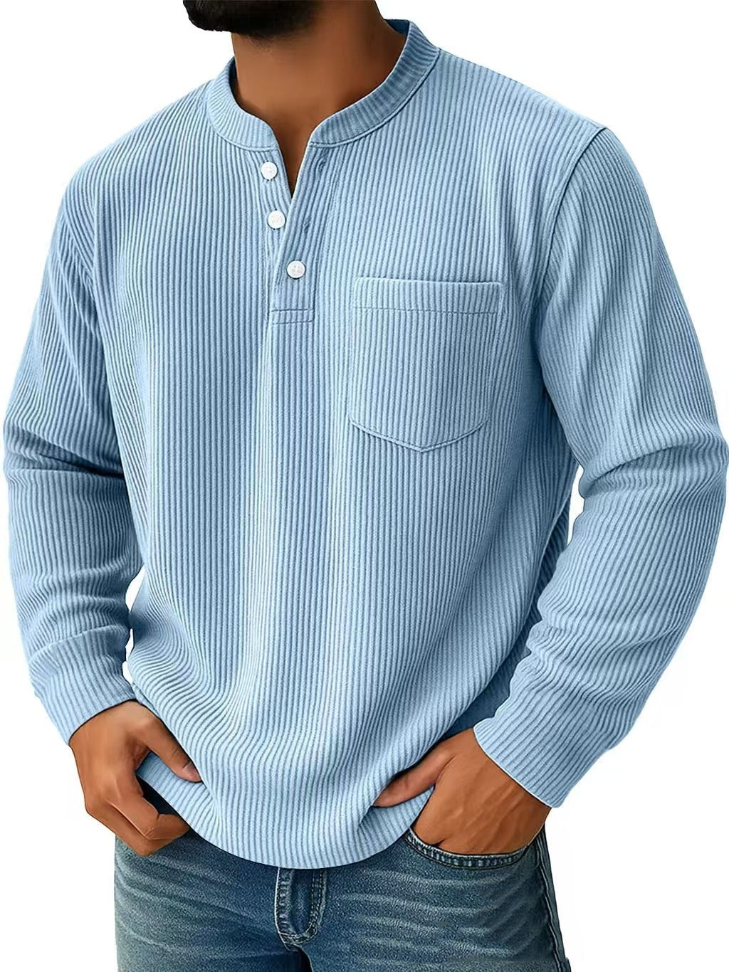 Camicia uomo Henley a maniche lunghe, collo a tre bottoni, vestibilità regolare. Perfetta per look casual.
