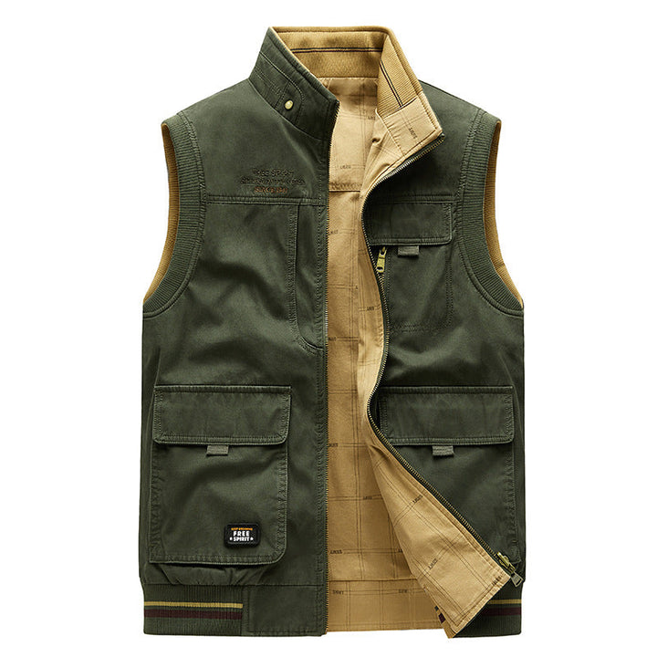 Gilet uomo reversibile multitasche, stile casual pratico per autunno e inverno, versatile.