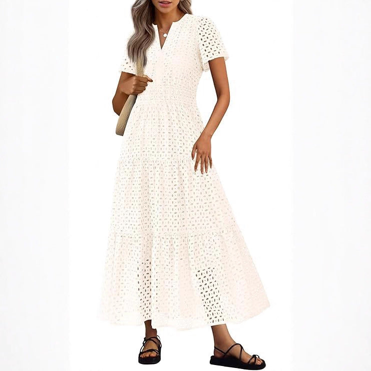 Elegante abito estivo donna, lungo e fluido, con scollo a V e maniche corte. Ideale per vacanze.