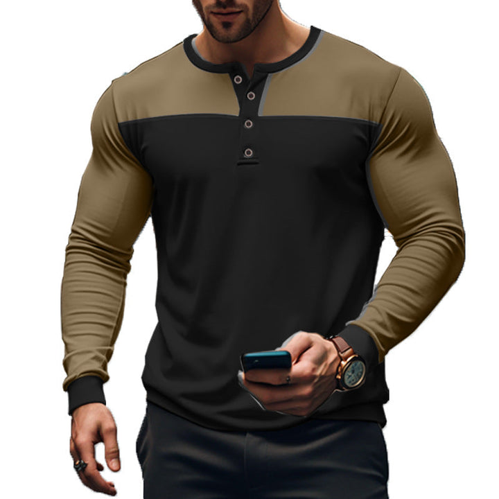 Maglia uomo Henley a maniche lunghe color block, un capo casual e confortevole per il guardaroba maschile.