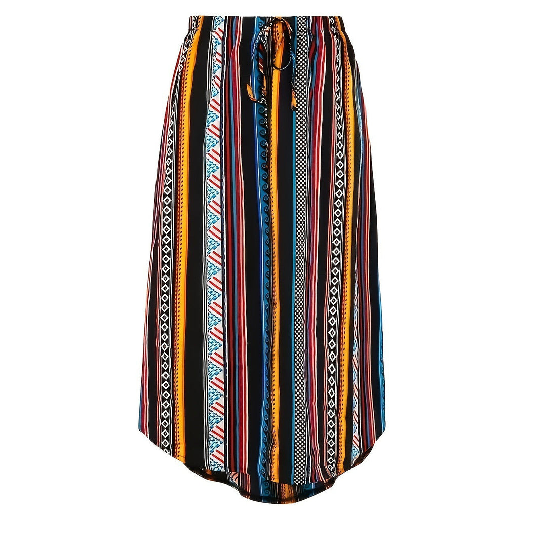 Gonna midi donna con fantasia geometrica audace, fluida e asimmetrica, perfetta per un look estivo moderno.