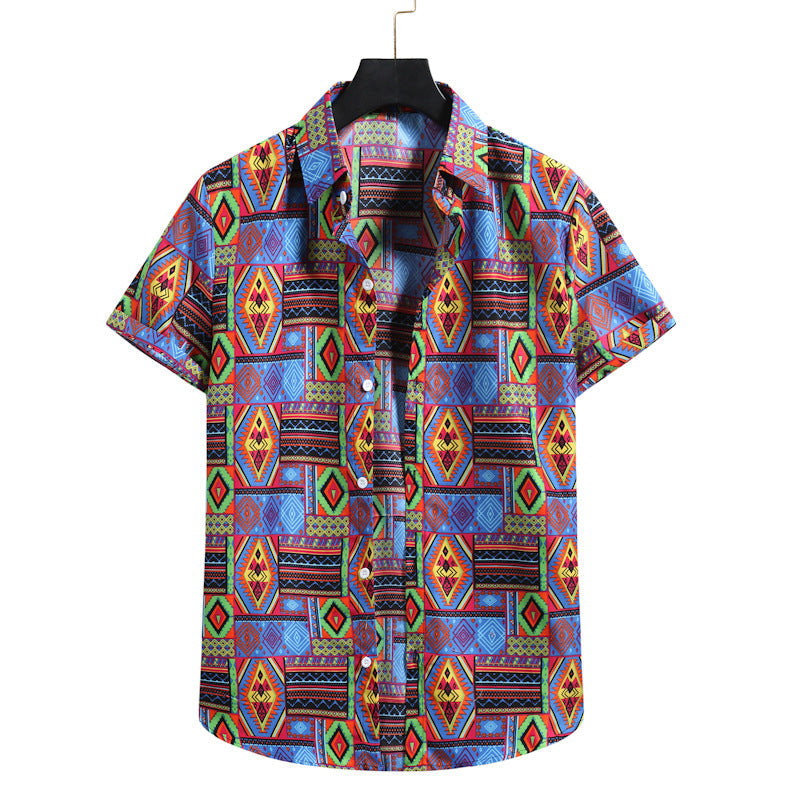 Moderna camicia uomo a maniche corte, vestibilità slim, con stampa foglie di bambù tropicale.