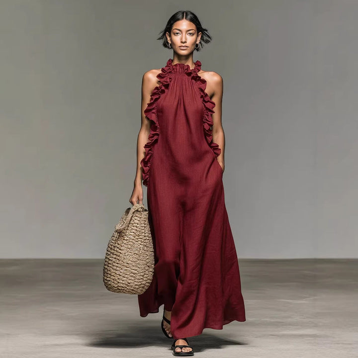 Vestito donna estivo, scollo all'americana, senza maniche. Abito lungo fluido con balza, ideale per moda elegante.