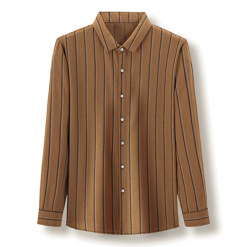 Moderna camicia uomo a maniche lunghe con design a righe e jacquard, colletto quadrato, per stile ufficio e casual.
