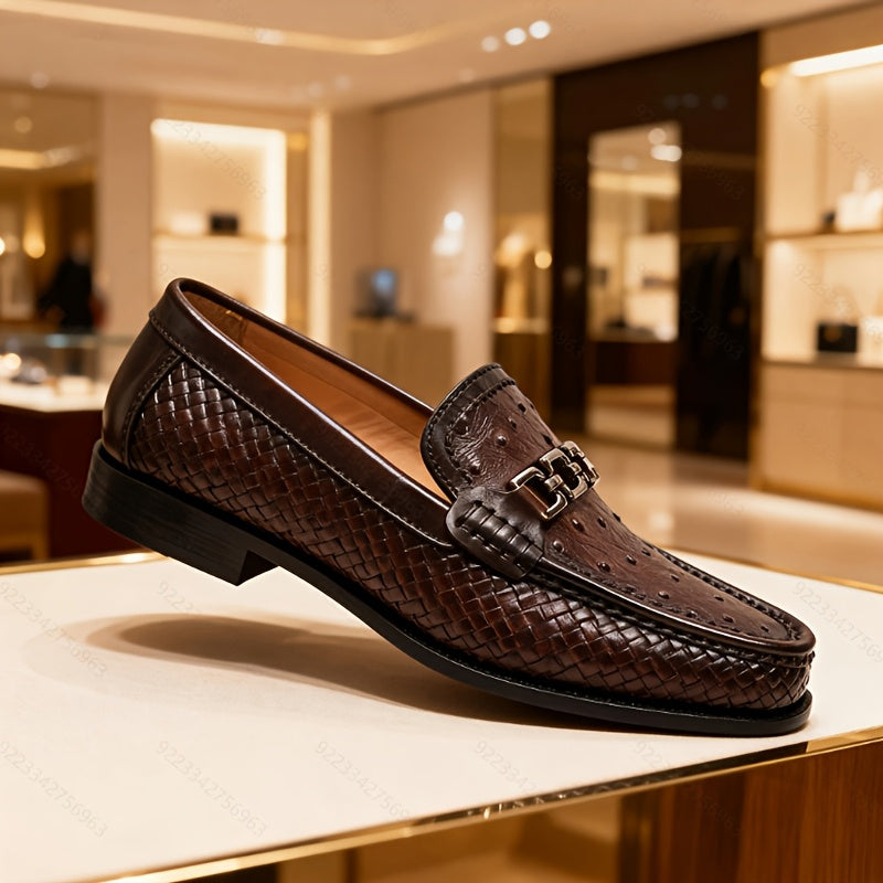 Mocassino elegante uomo in pelle intrecciata. Offre massimo comfort e stile casual sofisticato per ogni giorno.