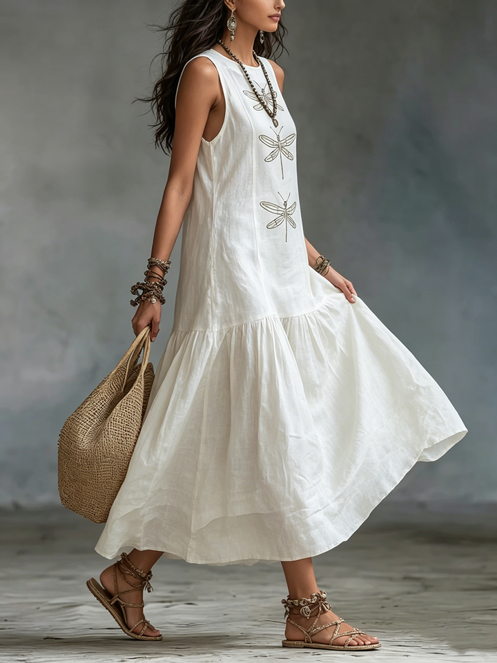 Abito da donna estivo, leggero in cotone e lino con ricamo libellule. Versatile ed elegante.