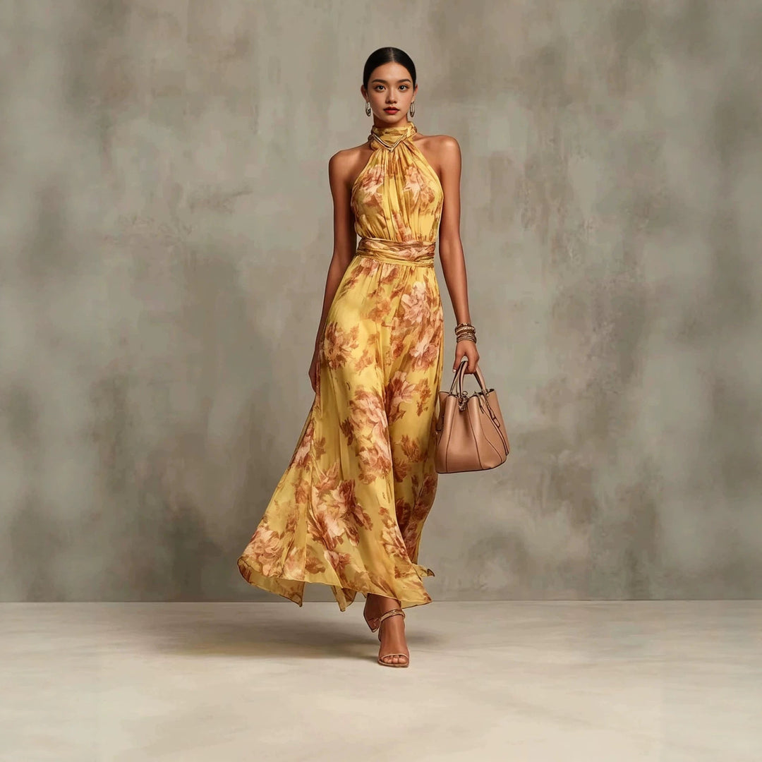 Abito estivo donna con stampa colorata, collo allacciato e vita alta. Vestito lungo elegante, ottimo per vacanze e sera.