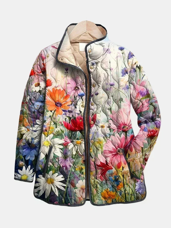 Giacca trapuntata floreale da donna con bottoni, perfetta per primavera e autunno.